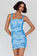 Ruched Mini Dress Floral Blue Flowering Girl