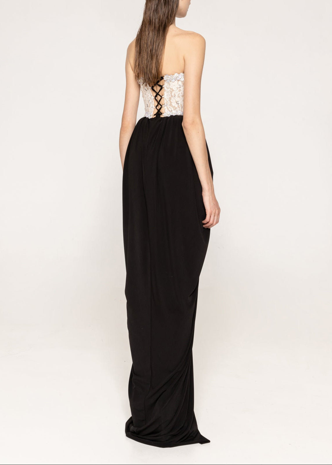 Sharon Lace Beaded Embellished Strapless Maxi Dress In Black Flowering Girl