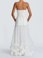 Ovarq Strapless Pleated Flower Maxi Dress In White Flowering Girl