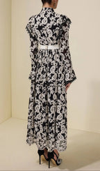 Alma Chiffon Embroidered Single Breasted Midi Dress With Belt - Black Flowering Girl