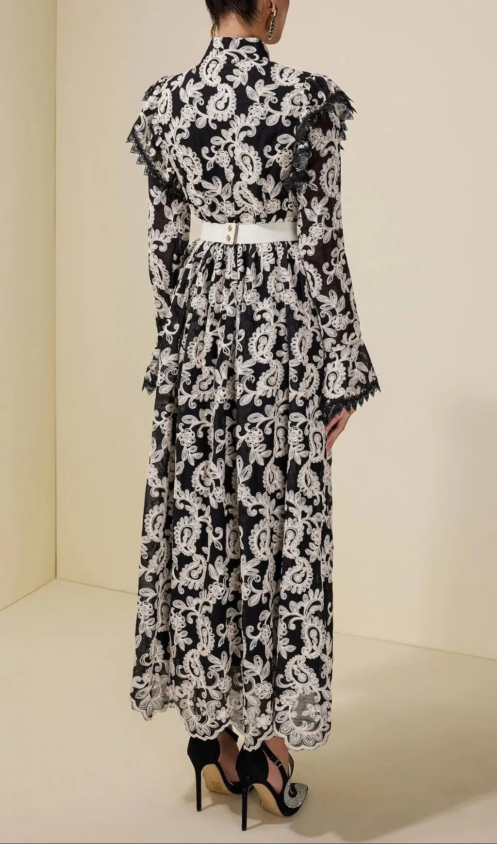 Alma Chiffon Embroidered Single Breasted Midi Dress With Belt - Black Flowering Girl