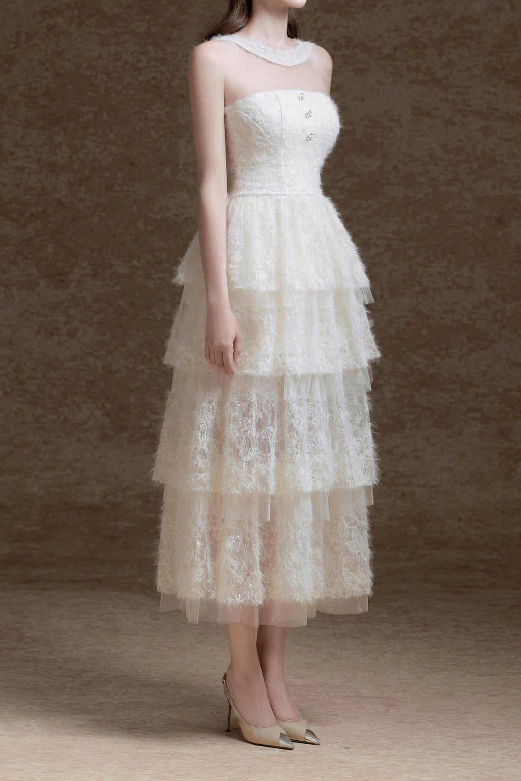 Alison Mesh Stitching Layer Dress In White Flowering Girl
