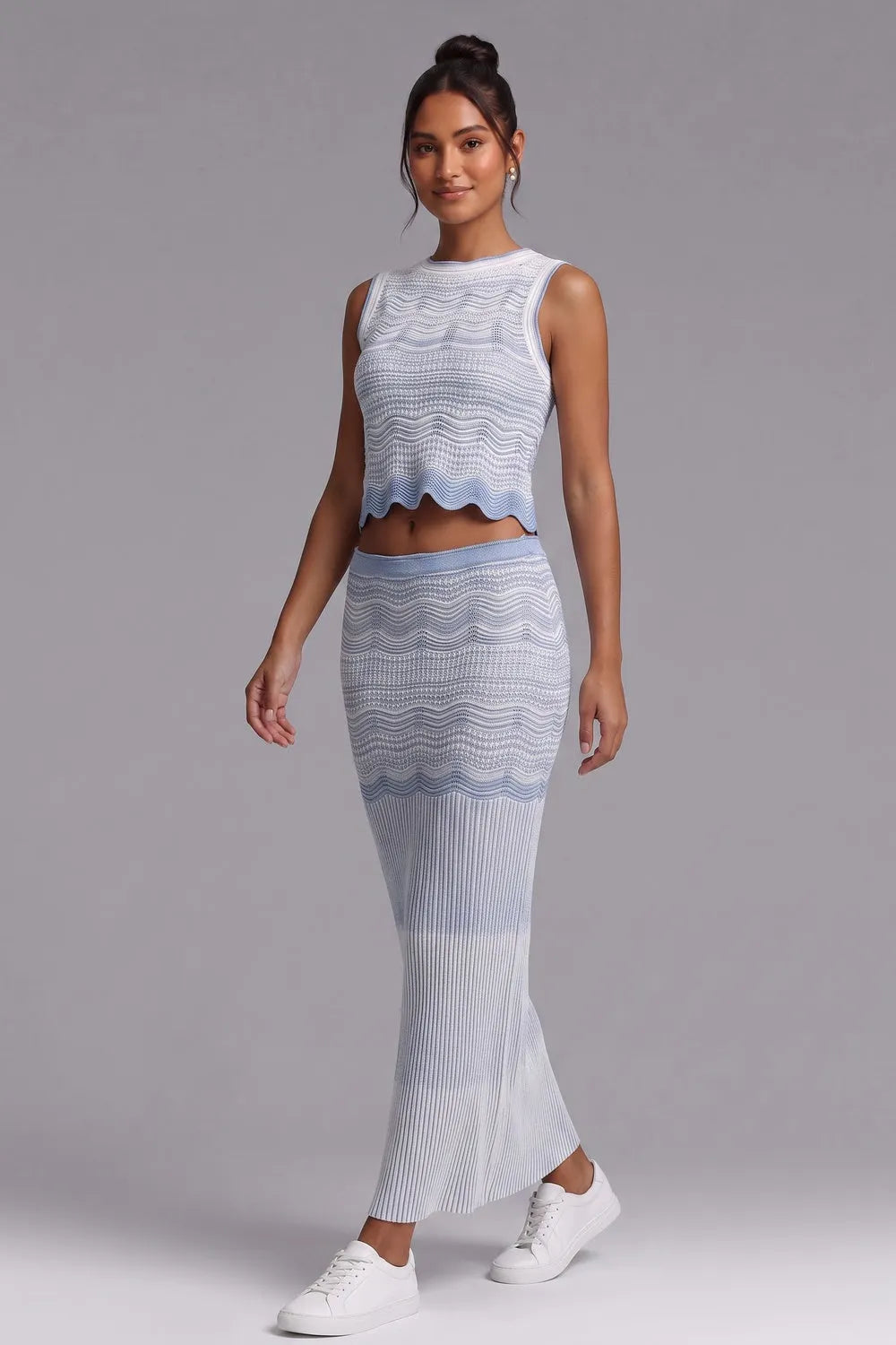 Wavy‑Knit Sleeveless Crop Top & Midi Skirt Two‑Piece Set Flowering Girl
