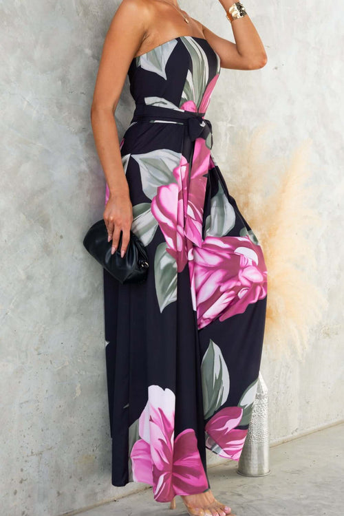 Black Strapless Floral Print Maxi Dress With Belt Flowering Girl