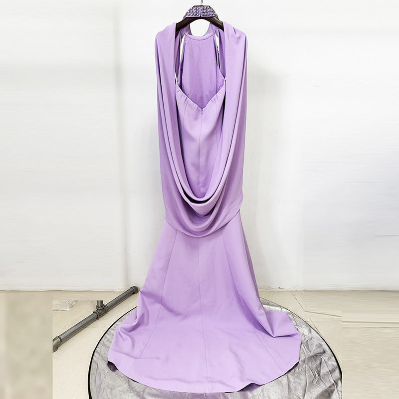 Lavender Nail Bead Halterneck Open Back Shawl Long Dress Flowering Girl