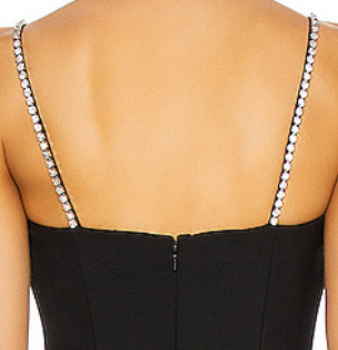 Black Structured Stretch Woven Bodycon Mini Dress with Rhinestone Fringe Flowering Girl
