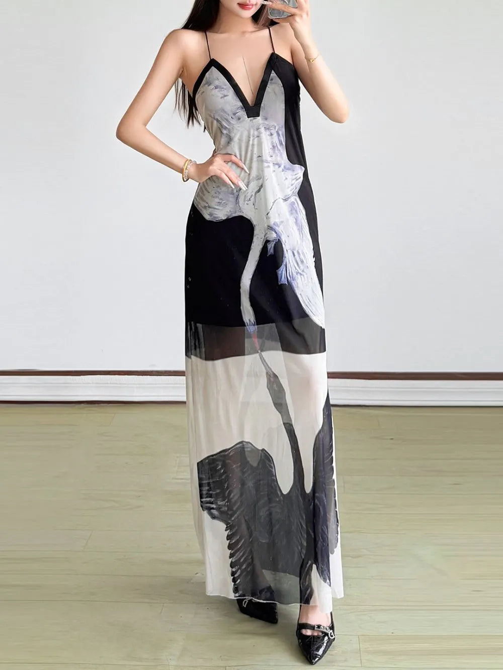 Meryem Spaghetti Swan Printed Maxi Dress Flowering Girl