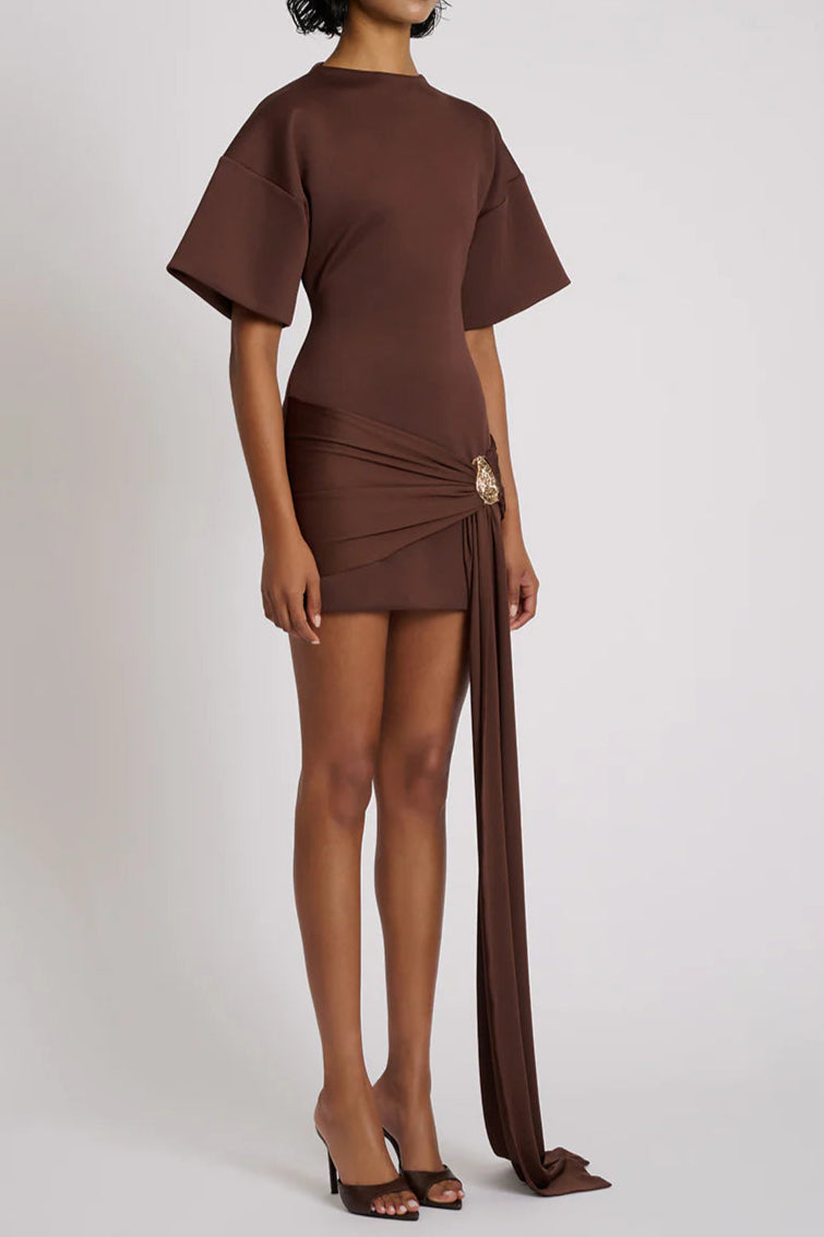 Draped Embellished Mini Dress - Brown Flowering Girl