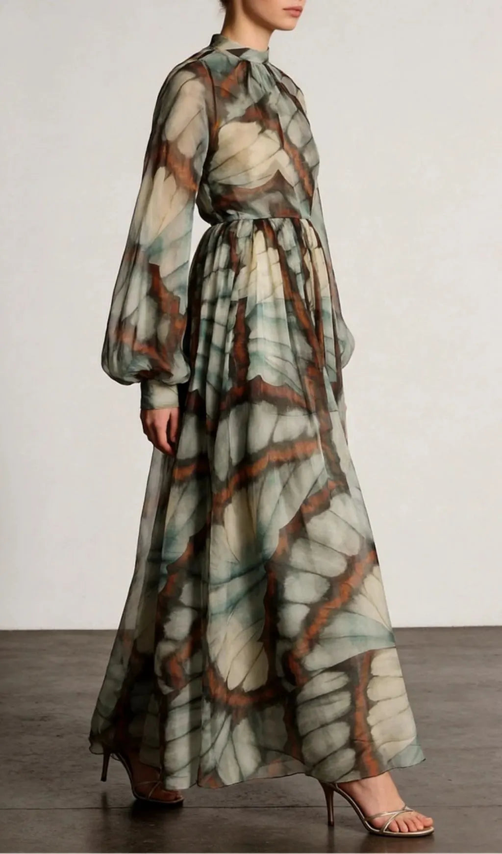 Abstract Butterfly Print Chiffon Maxi Dress Flowering Girl