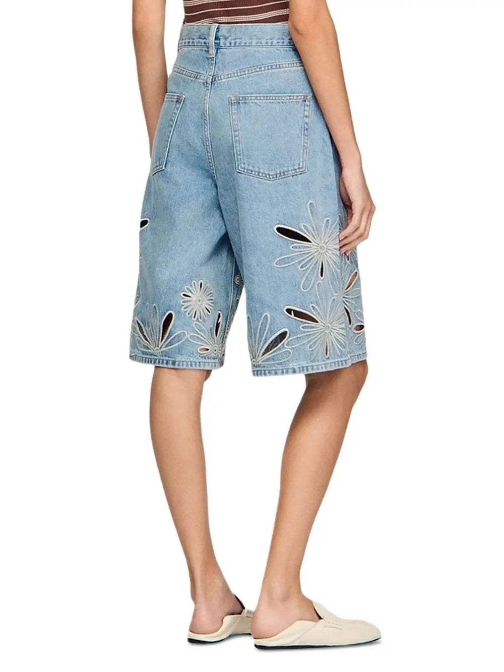 Embroidered Denim Bermuda Shorts in Blue Jean Flowering Girl