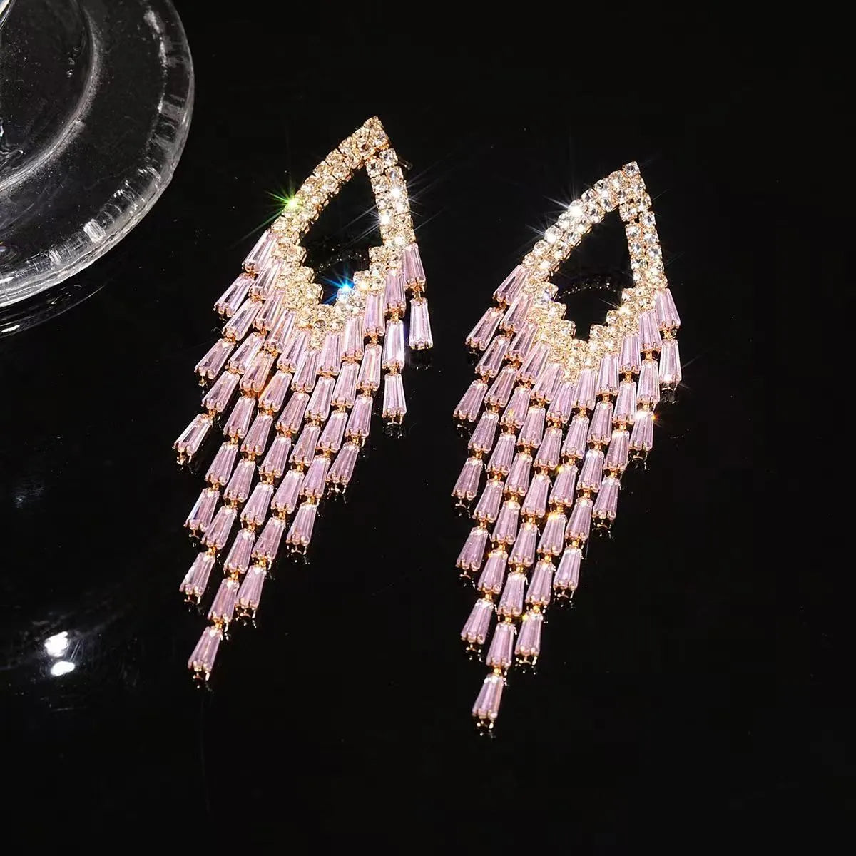 Teardrop Frame Aqua Baguette Crystal Tassel Drop Earrings Flowering Girl