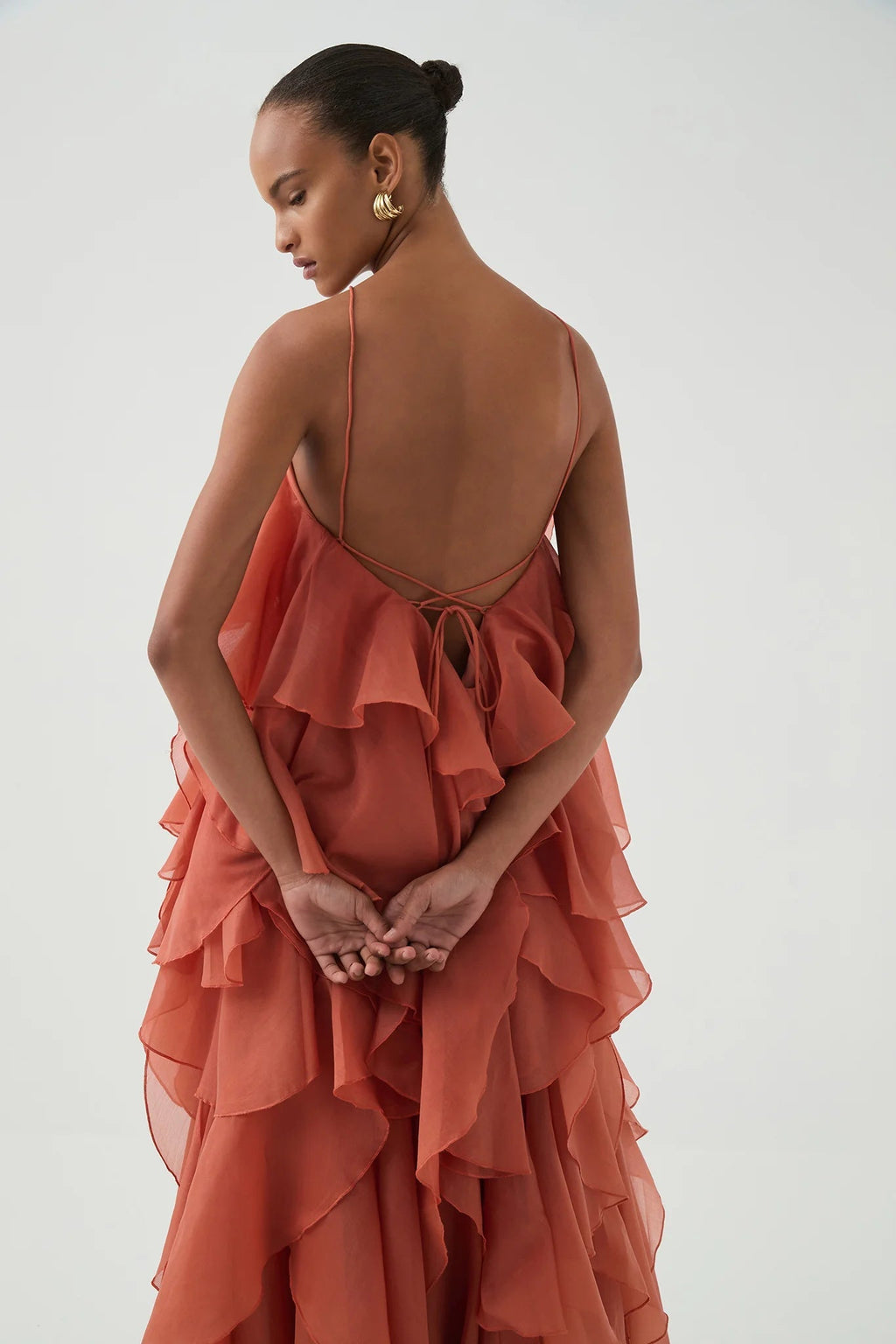 Off-Shoulder Ruffle Layered Maxi Dress In Coral Clay Flowering Girl