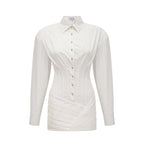 White Long Sleeve Corset Shirt Twist Wrap Mini Dress Flowering Girl