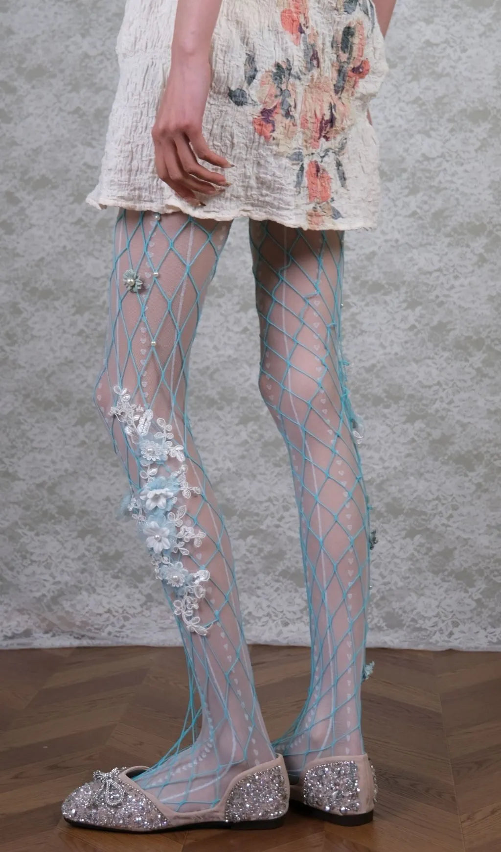 White Tights & Blue Floral Tights Set Flowering Girl