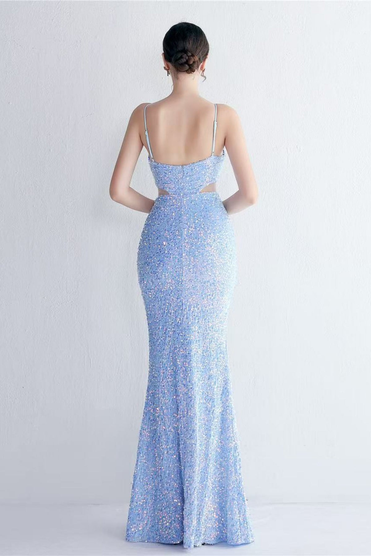 Marian Blue Cutout Sequins Halter Maxi Dress Flowering Girl