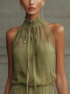 Green Floral Tie-Waist Chiffon Mini Dress Flowering Girl