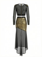 Eudora Gold Sequin Mesh Patchwork Sheer Two-Piece Set Flowering Girl