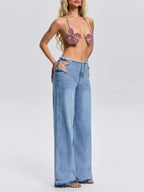 Florine Cutout Rhinestone Jeans Flowering Girl