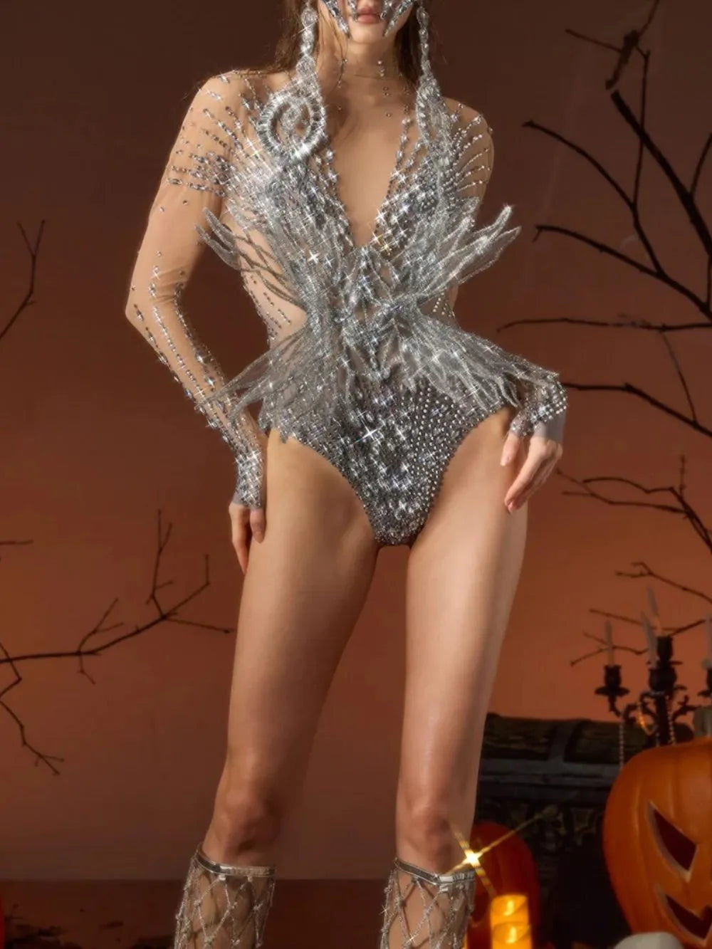 Ghada Long Sleeve Rhinestone Mesh Bodysuit Flowering Girl