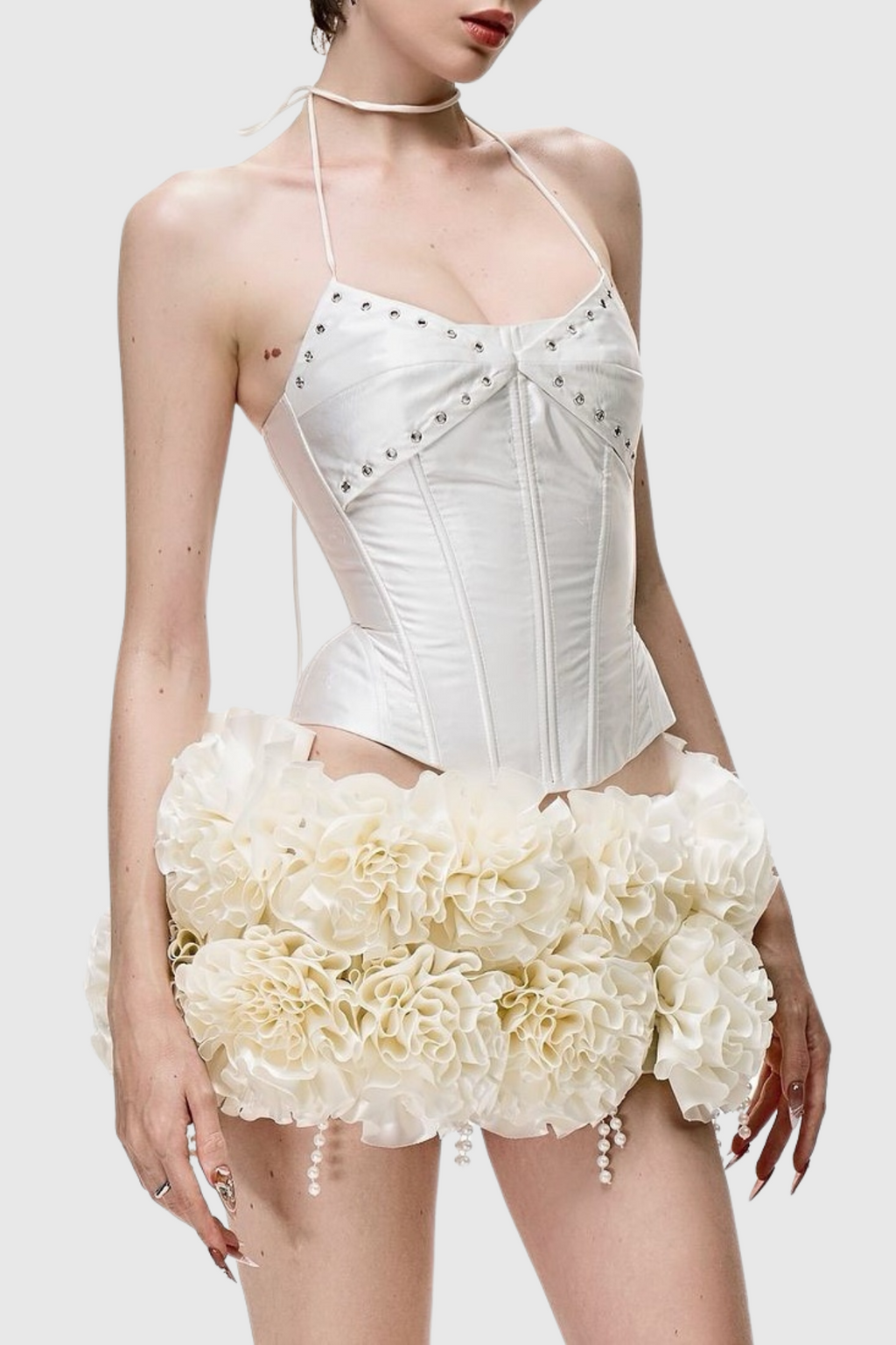 Orsolya Floral Pearl Corset Two Piece Set in Ivory Flowering Girl