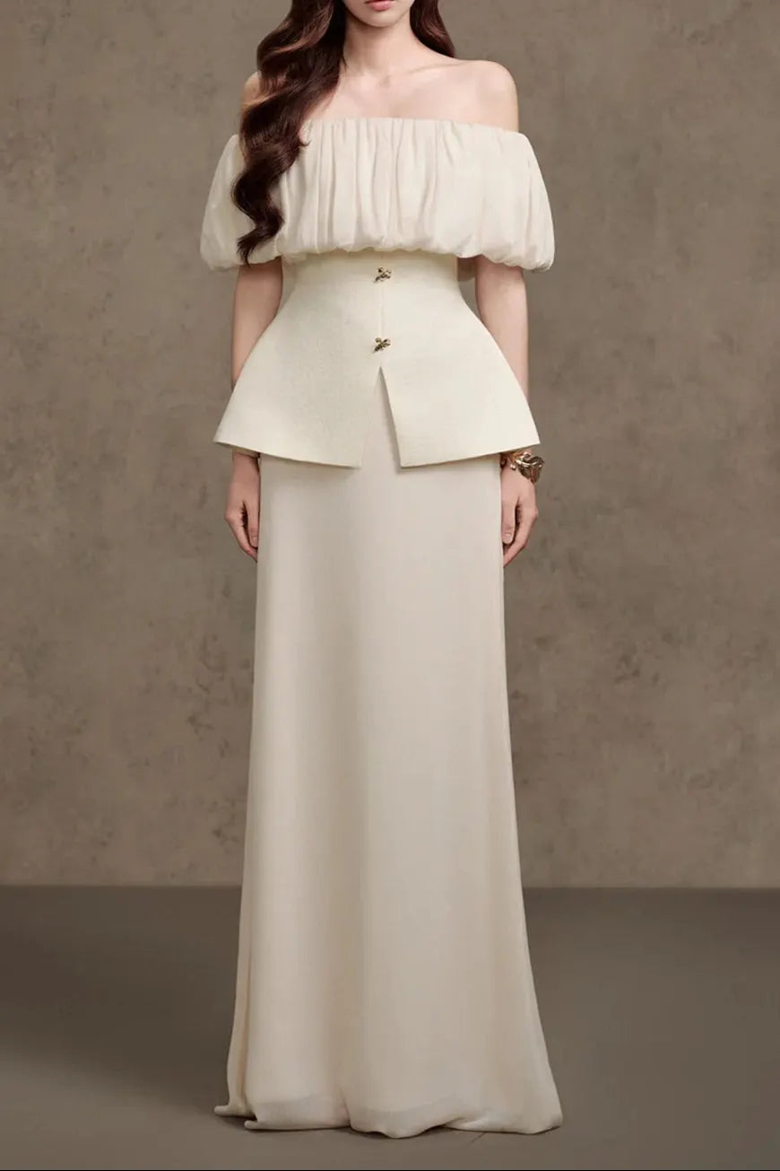 Karen Straight Plain Foam Silk Strapless Maxi Dress In White Flowering Girl