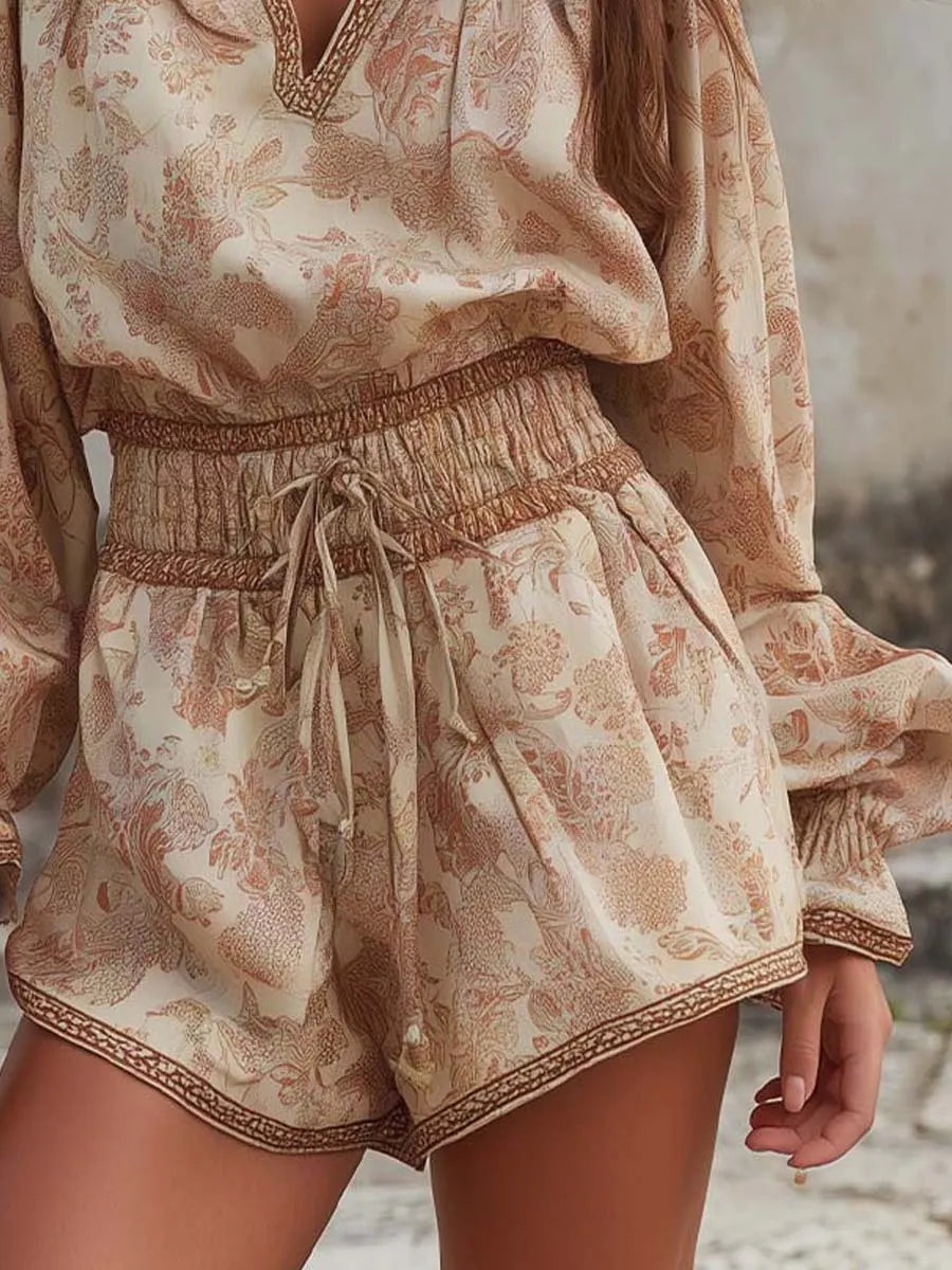 V-Neck Botanical Print Waist-Cinching Short Romper Flowering Girl