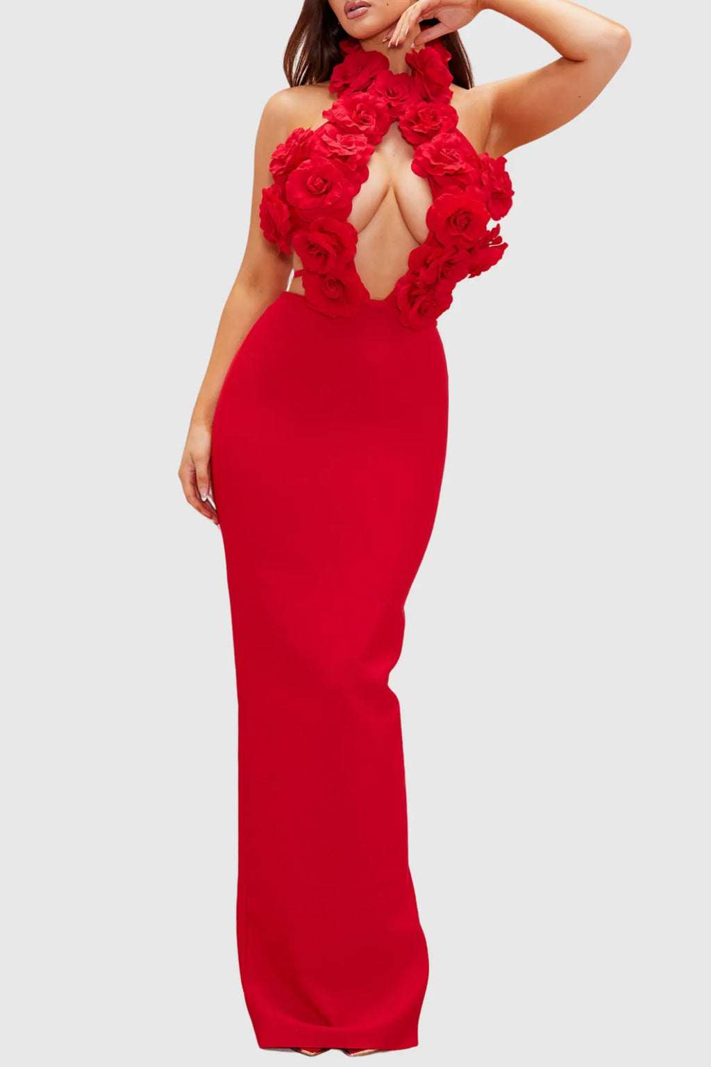 Datherine Floral Appliqué Halter Maxi Bandage Dress - Red Flowering Girl