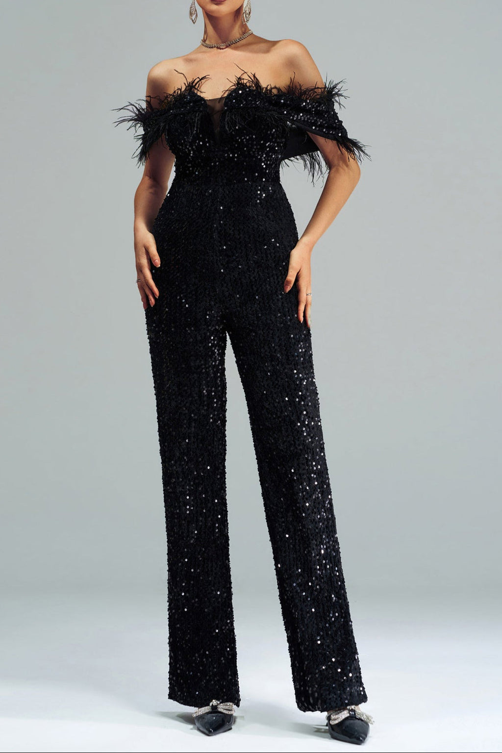 Off-Shoulder Sequin Jumpsuit In Black Flowering Girl