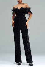 Off-Shoulder Sequin Jumpsuit In Black Flowering Girl