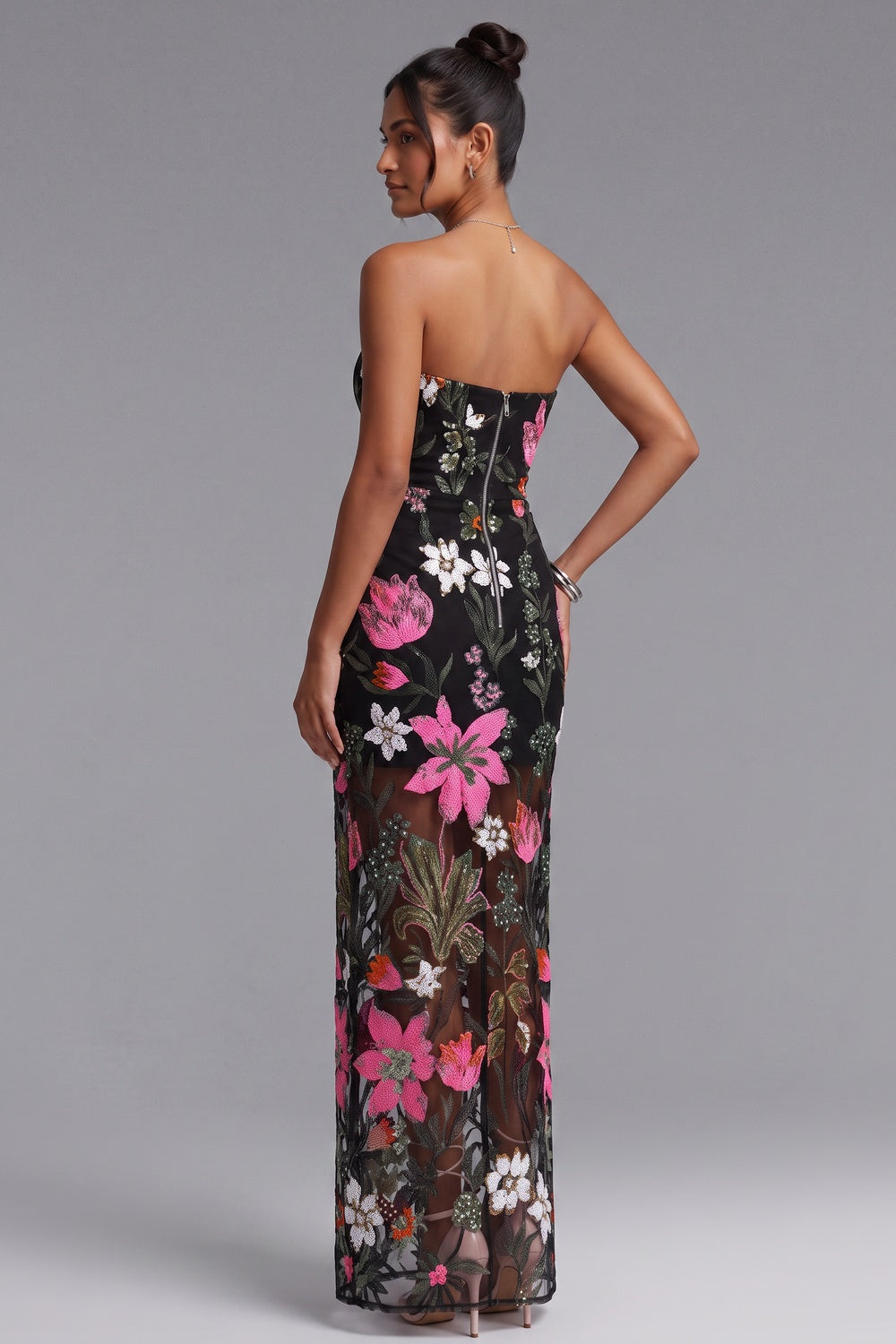 Black Floral Embroidered Mesh Column Dress Flowering Girl