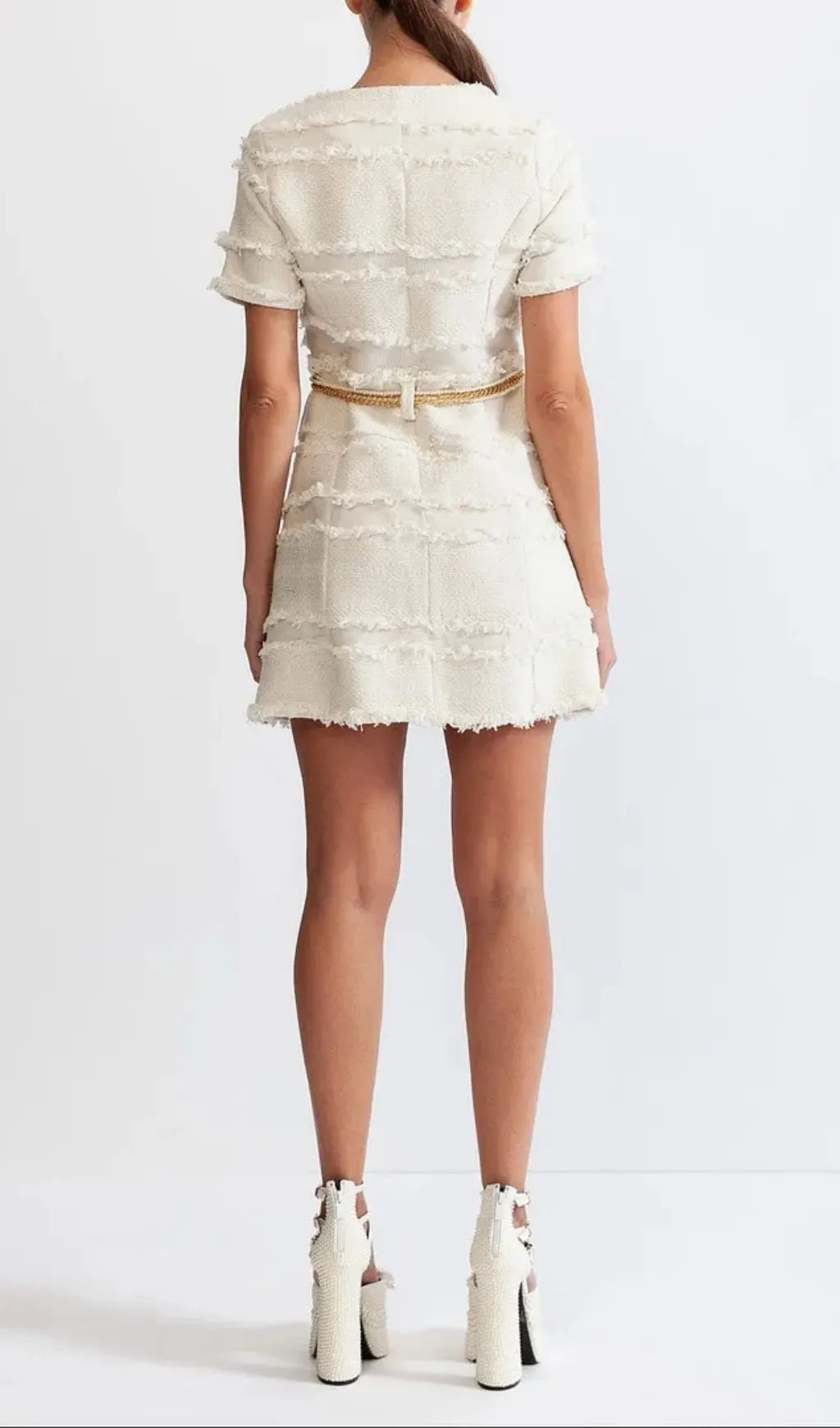 Marguerite Pearl Chain Tweed Mini Dress - Beige Flowering Girl