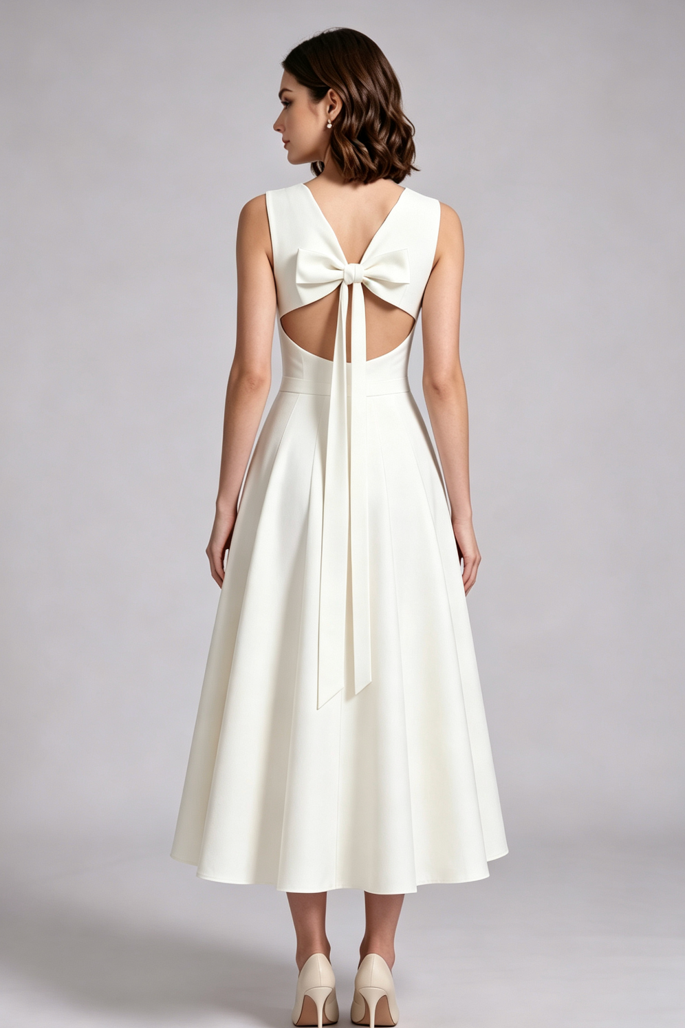 Ivory Textured Woven A-Line Midi Dress with Back Bow Flowering Girl