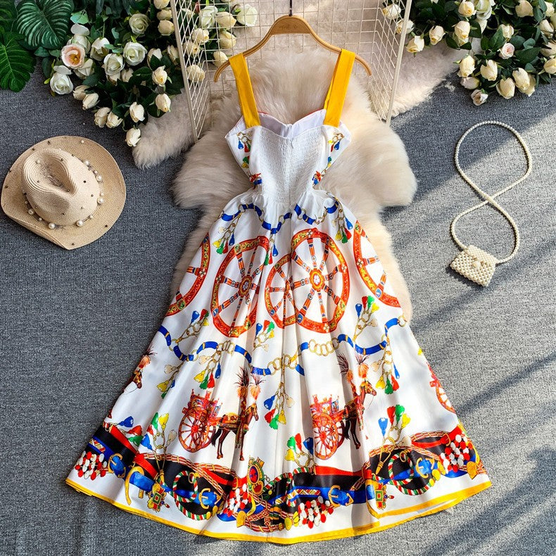 White Cotton Poplin Fit-and-Flare Midi Dress with Sicilian Carretto Print Flowering Girl