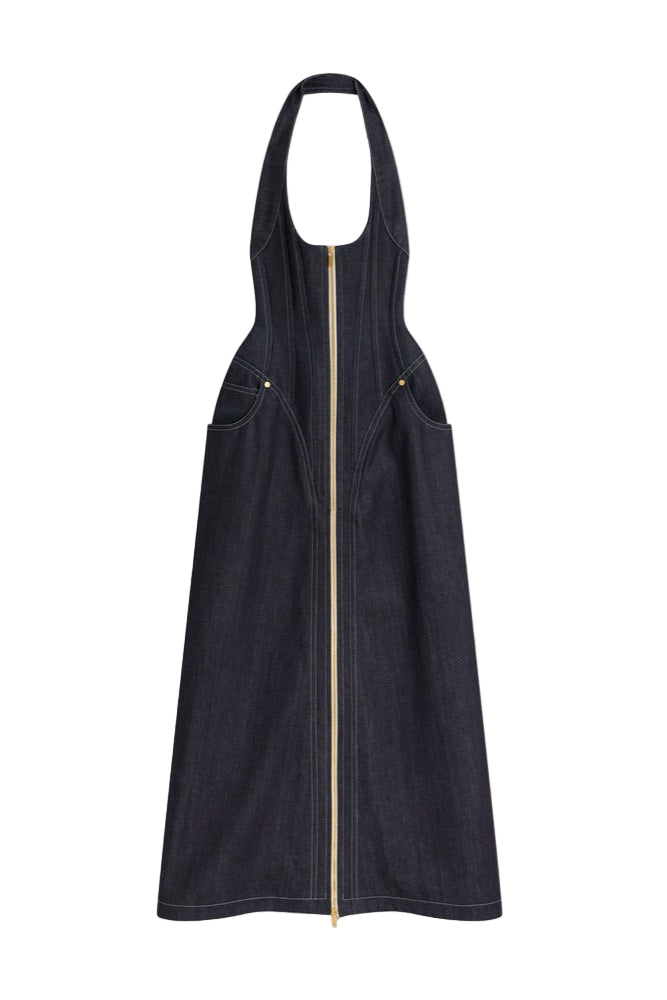 Haltered Corseted Midi Dress Denim In Navy Blue Flowering Girl
