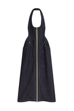 Haltered Corseted Midi Dress Denim In Navy Blue Flowering Girl