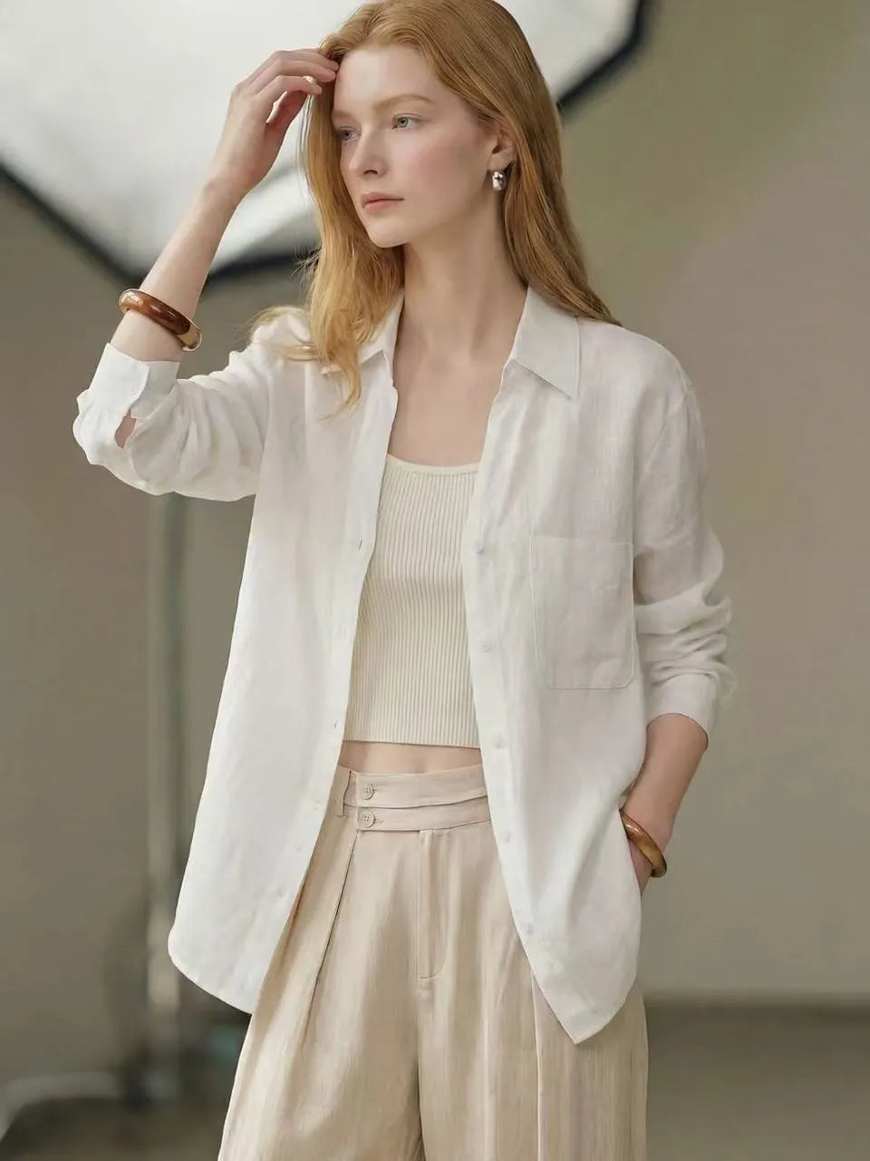 Lazy Style White Linen Shirt Flowering Girl