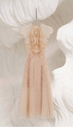 Pleated Embroidery Midi Dress In Beige Flowering Girl