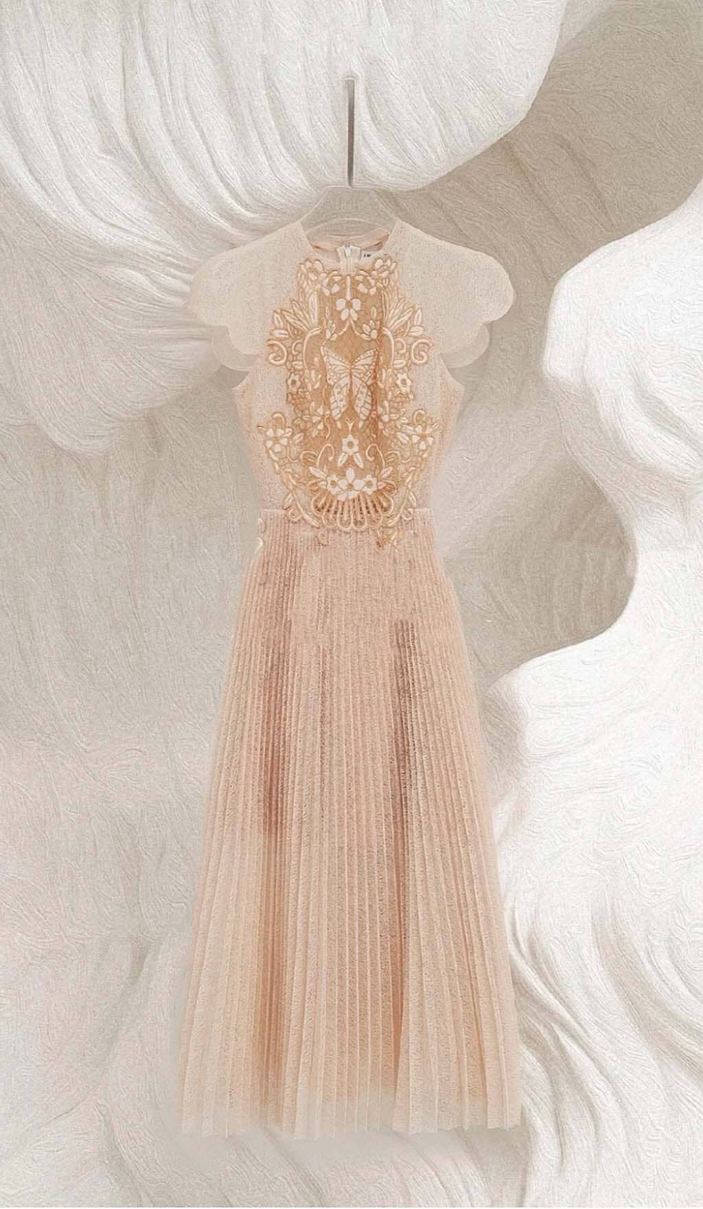 Pleated Embroidery Midi Dress In Beige Flowering Girl