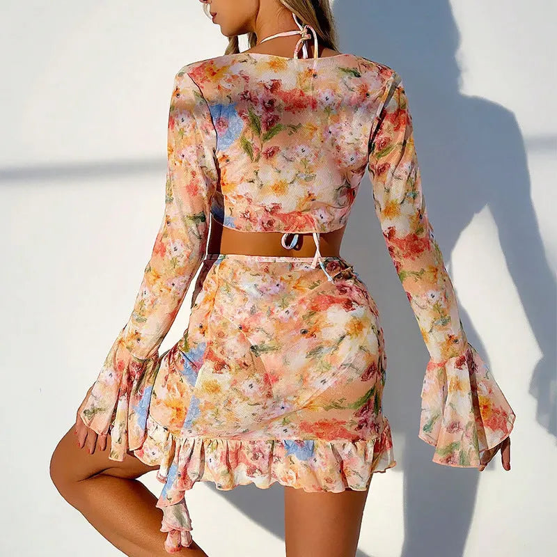 Printed Long-Sleeve Split Cover-Up Bikini Flowering Girl