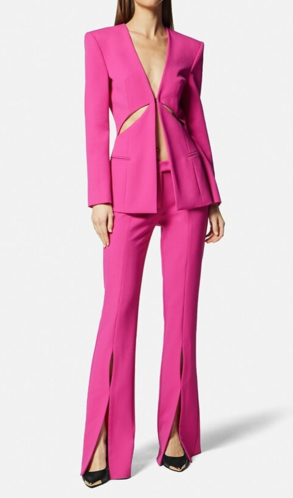 Hollow Collarless Blazer Slit Trouser Suit Flowering Girl