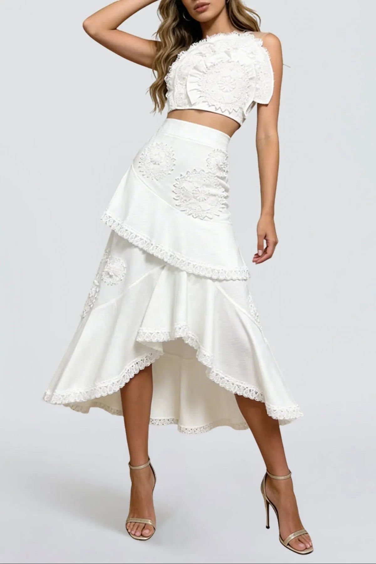 Nina Ruffled Strapless Top Floral Embroidered Mermaid Skirt Set - White Flowering Girl