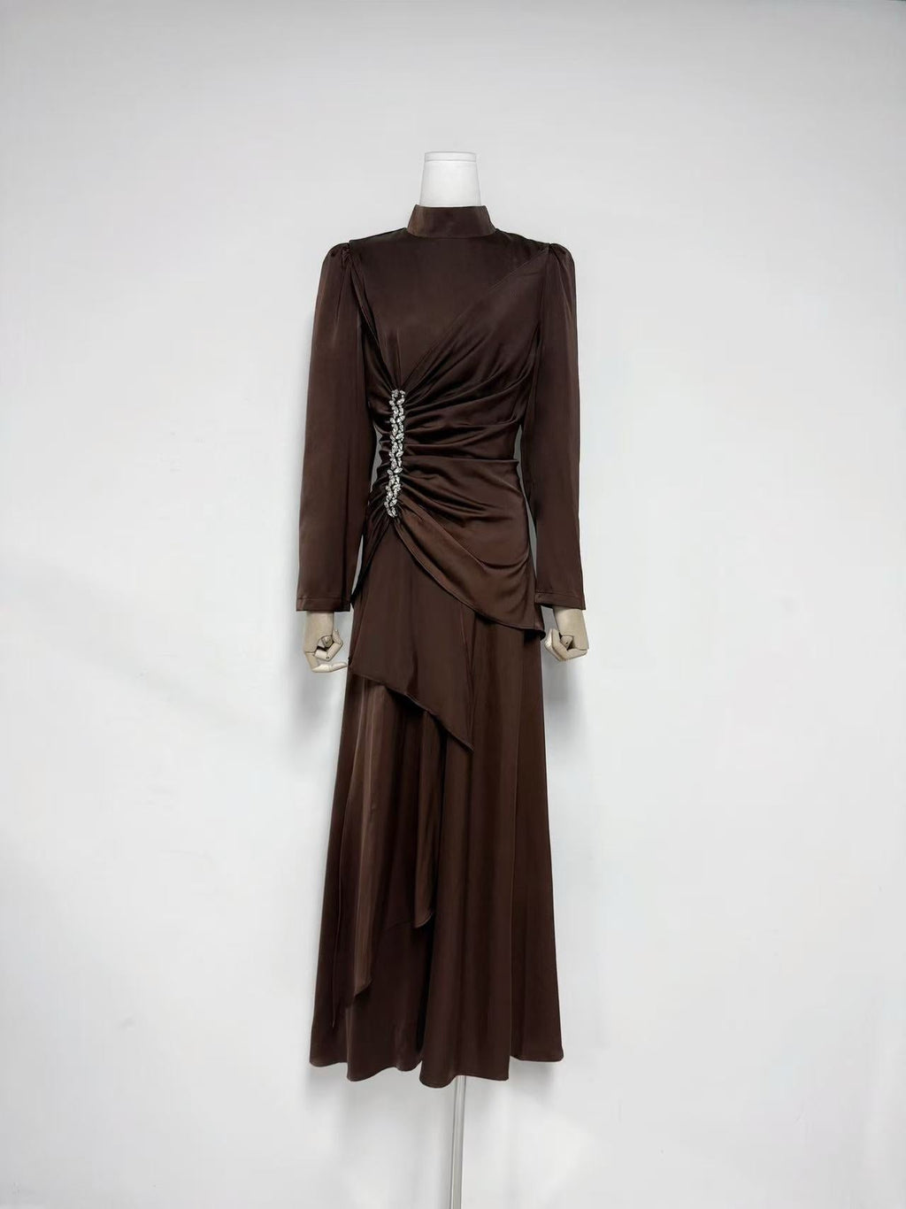 Beulah Long Sleeves With Beading Pleated Maxi Dress In Brown Flowering Girl