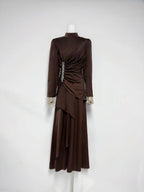 Beulah Long Sleeves With Beading Pleated Maxi Dress In Brown Flowering Girl