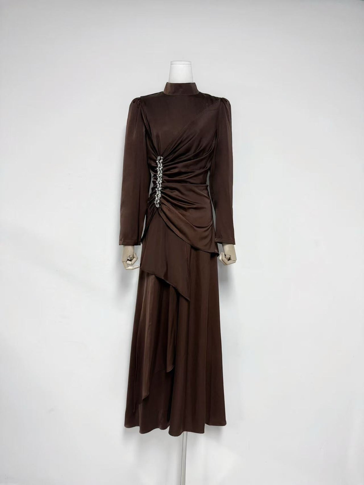 Beulah Long Sleeves With Beading Pleated Maxi Dress In Brown Flowering Girl