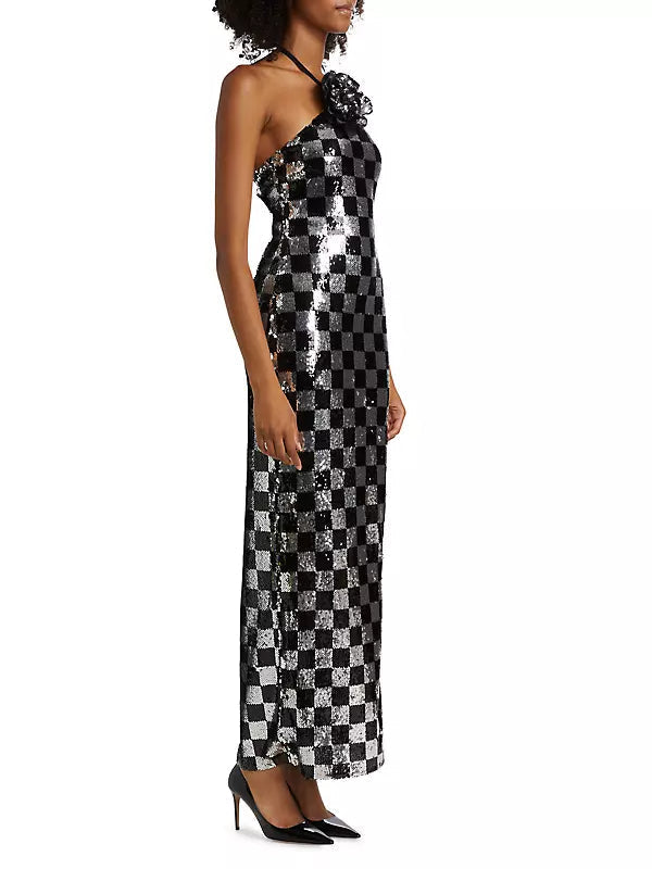 Checkerboard Sequin Halter Gown With Flower Flowering Girl