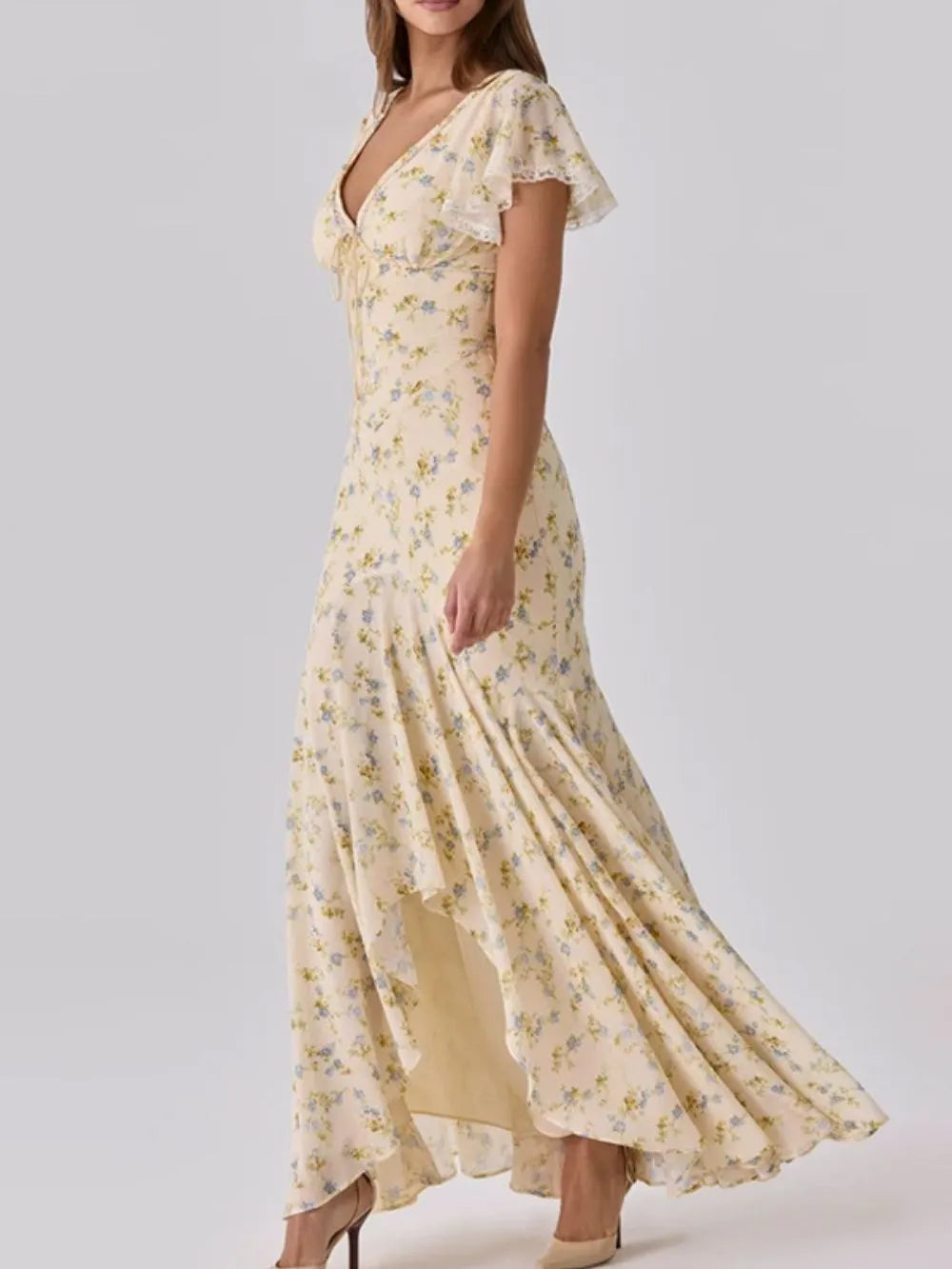 Ashgar Butter Yellow Puff Sleeve Floral Maxi Dress Flowering Girl