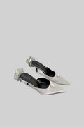 Silver Satin Sandals with Pearl and Floral Heel Detail Flowering Girl