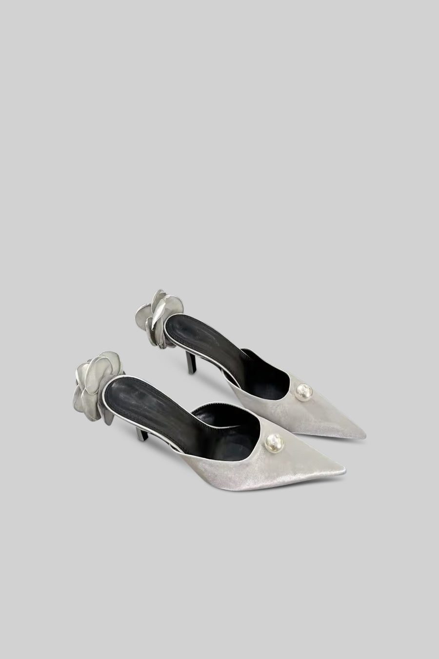 Silver Satin Sandals with Pearl and Floral Heel Detail Flowering Girl