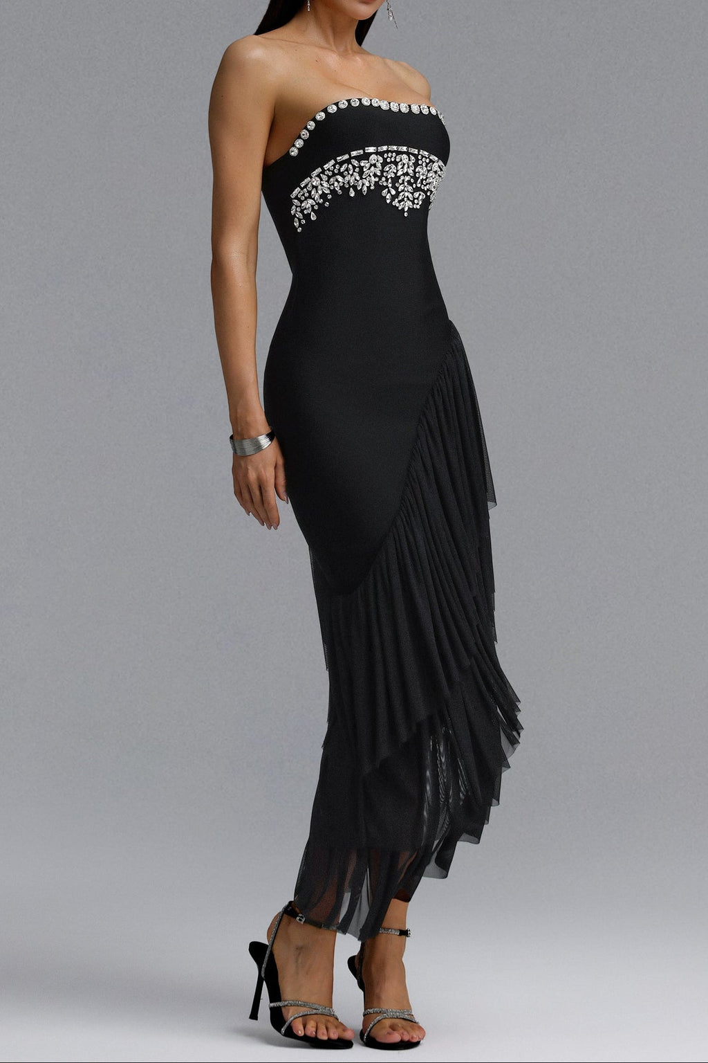 Black Strapless Rhinestone Embellished Asymmetric Ruffle Tulle Midi Dress Flowering Girl