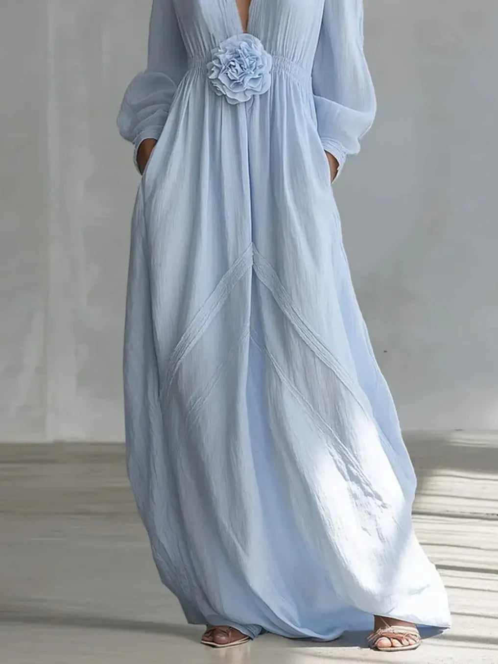 Blue Deep V-neck Three-dimensional Floral Maxi Dress Flowering Girl